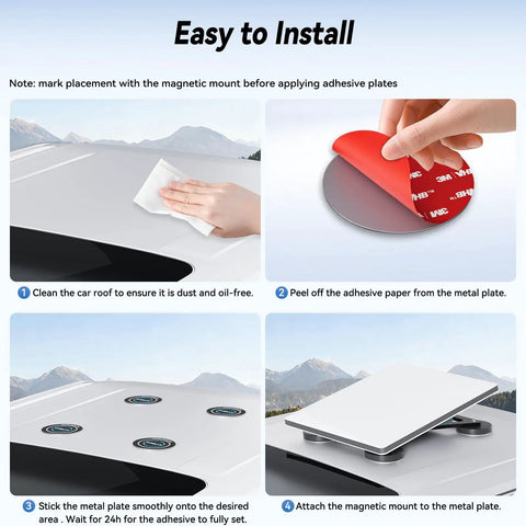Installation steps for Heavy Duty Four Pack Starlink Mini Gen 3 Magnetic Mount Plates with adhesive backing on a vehicle roof.