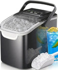 Portable Countertop Ice Maker That Makes Bullet Ice Pretty Dang Fast With Zero Fuss And Self Cleaning Features Providing Two Cube Size Choices For House Parties Producing 26 Pounds Daily In Modern Black with ice cubes and a glass of blue drink.