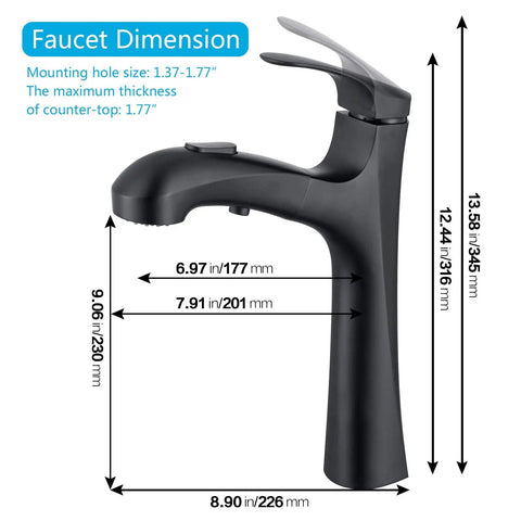Matte Black Vessel Sink Faucet With Pull Out Hose Tall High Arc Single Hole Design dimensions with measurement details shown