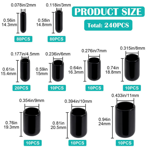 240 Piece Rubber End Cap Kit For Screws And Tubes, 9-Size Black Vinyl Caps with dimensions and quantity per size displayed