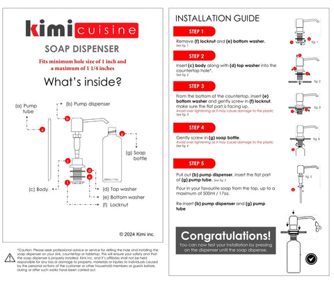 Installation guide for multipurpose kitchen sink soap dispenser in brushed nickel with stainless steel pump replacement.