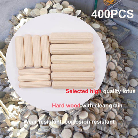 Pro Grade Wooden Dowel Pin Set With Straight Grooves And Beveled Tapered Ends, Four Hundred Piece Pack displayed in circular pattern