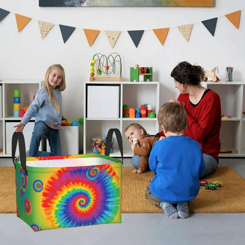 Hella Spacious Waterproof Storage Bin With Rainbow Tie Dye Design and Secure Carry Handles in a playroom with kids.
