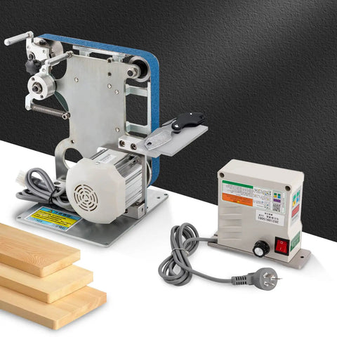 Heavy Duty Belt Grinder And Sander Featuring 6000rpm Variable Speed Control With Integrated VFD For Precision Polishing Jobs showing steel frame and motor.