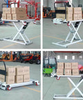Heavy Duty Foldable Hydraulic Lift Table With 660 Lb Electric Scissor Cart and Four Lockable Wheels in warehouse using boxes.