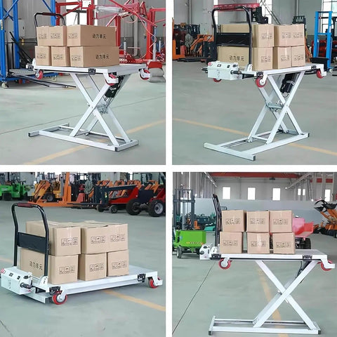 Heavy Duty Foldable Hydraulic Lift Table With 660 Lb Electric Scissor Cart and Four Lockable Wheels in warehouse using boxes.