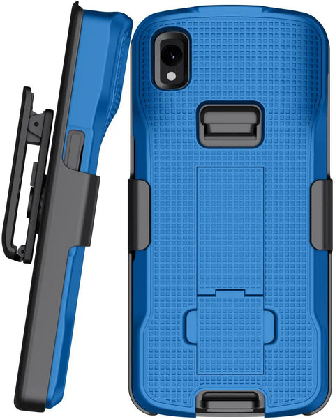 Heavy Duty Kickstand Case Paired With Swivel Belt Holster Combo For Zebra Tc22 And Tc27 Warehouse Scanners Blue view from side with holster.