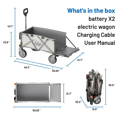 Electric Wagon Cart With Dual Battery Power All Terrain Wheels And Variable Speed Control 200L Capacity shown folded and unfolded in box