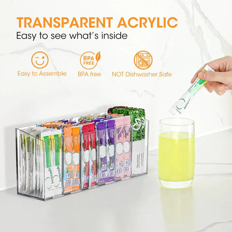 Game Changing Drink Packet Organizer With Adhesive And Magnet Mount For Fridge Cabinet Featuring Slide Out Dividers, transparent acrylic design with multiple drink packets.