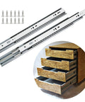 Soft Close 22 Inch Drawer Slides For Heavy Duty Side Mount Cabinets, with fully extended drawers and hardware in view.