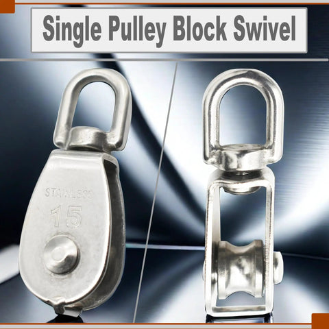 Beefy Stainless M15 Single Pulley Block Set 4 Pack For Lifting And Positioning With 15mm Wheel Diameter 6.6mm Groove 11mm Swivel Ring 4mm Plate And 63mm Total Length 45g Each For Wire Rope Crane With Swivel Hook Head, stainless steel