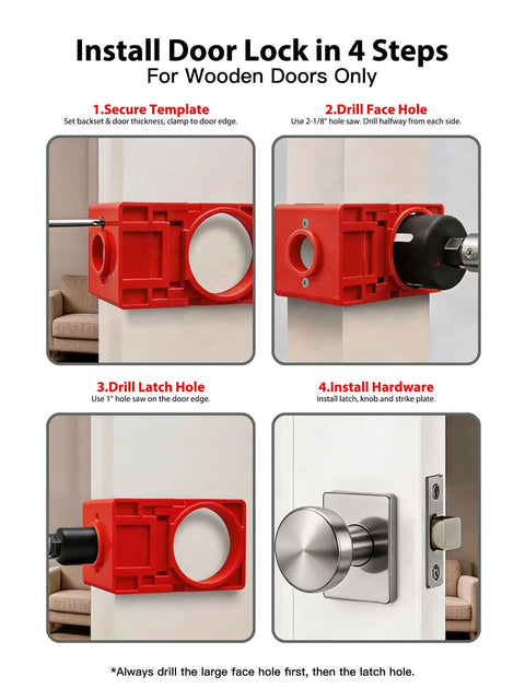 Instructional image for 2-in-1 Door Hinge Jig and Lock Hole Drilling Kit, detail showing installation steps for wooden doors.