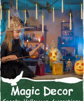 Six Pack Flameless Floating Candles With Magic Wand Remote for Halloween Decor, Hanging in Spooky Room with Child in Witch Hat