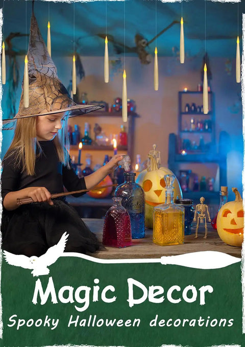 Six Pack Flameless Floating Candles With Magic Wand Remote for Halloween Decor, Hanging in Spooky Room with Child in Witch Hat