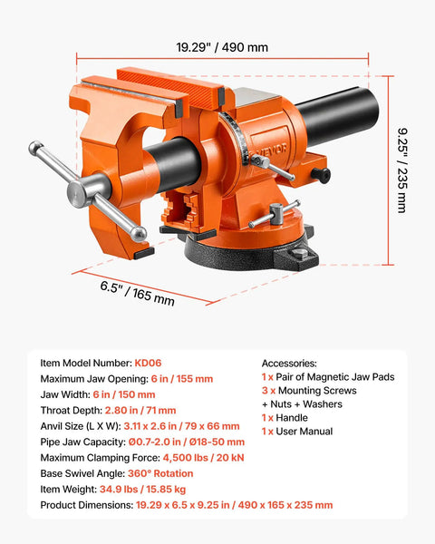 Heavy Duty Bench Vise In Beast Mode With 6 Inch Jaw Width, Double Swivel Rotating Head, Locking Base For Garage Upgrades, Rock Solid Ductile Iron Workhorse For Everyday Grinds with 6 inch jaws and solid base.