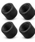 Four Pack Range Ready 5/8X24 Thread Protector Caps For Caliber Three Zero Eight Lr308 Rifles Cnc Machined in black, showcasing threaded design.