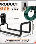 Rock Solid Heavy Duty Garage Wall Mount Hooks 8 Pack With Complete Screw And Expansion Anchor Kit Effortless Tool Organization Zero Hassle Setup For Home displaying hose hooks with dimensions and capacity info.