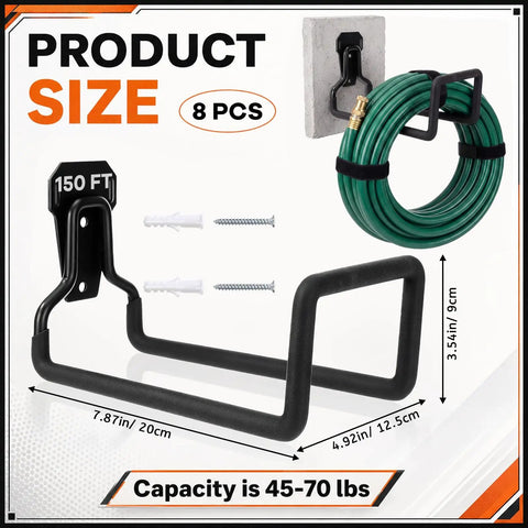 Rock Solid Heavy Duty Garage Wall Mount Hooks 8 Pack With Complete Screw And Expansion Anchor Kit Effortless Tool Organization Zero Hassle Setup For Home displaying hose hooks with dimensions and capacity info.