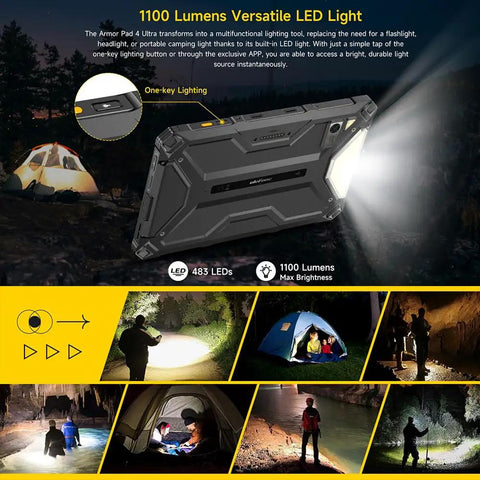 Ultra Rugged 5G Tablet Featuring Thermal Imaging Lens With 10.36 Inch 2K Anti Glare Display And 500 Nits Punch Plus Gorilla Glass 5 Shielding emitting 1100 lumens LED light outdoors.