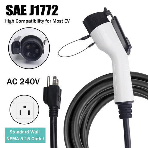 Portable Level One EV Charger With Twenty Five Foot Cord And 110 Volt Nema Socket For Hassle Free Home Charging Station compatible with SAE J1772.
