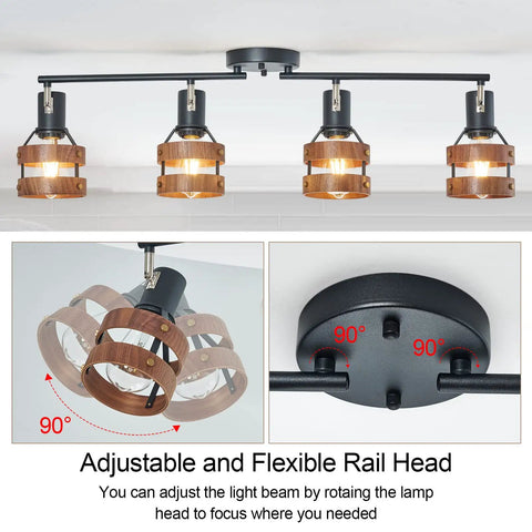 Four Head Black Track Lighting With E26 Sockets Adjustable Spotlight Heads And Wood Accent Dope Farmhouse Vibe Modern Ceiling Light For Living Room And Kitchen Flexible Directional Arms