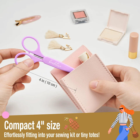 Two Piece High Precision Detail Scissors Set With Sharp Fine Tips in pastel purple shown in a pink pouch measuring 4 inches