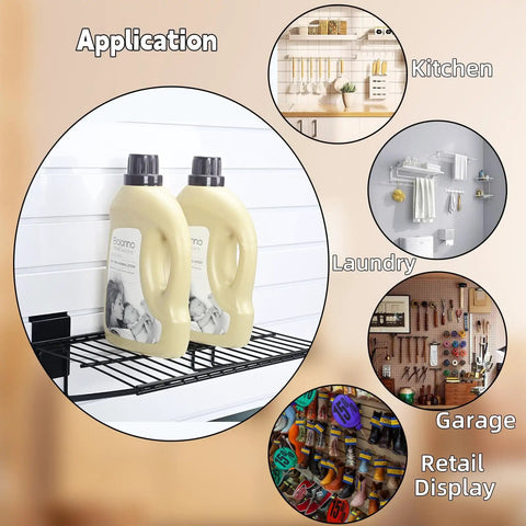 Heavy Duty Slatwall Shelves 16 Inch Wide Wire Shelf Organizer with detergent bottles in garage and kitchen settings