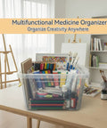 Clear Medicine Storage Box With Handle Portable Medicine Cabinet Organizer Multipurpose Plastic Storage Box With Removable Tray For Home Office Travel Outdoor Yellow Grab And Go For Stashing Bandages Wipes Meds And Small Essentials on table filled with art supplies.