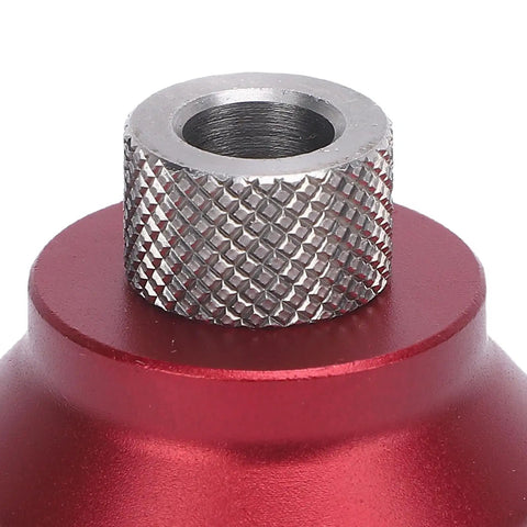 Close-up of Heavy Duty Vertical Hole Punch Locator And Straight Angle Drilling Jig with textured silver bushing for precision.