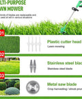 Image of powerful 24V cordless grass trimmer and lawn mower showing three blade options: plastic cutter, stainless steel, metal saw blade.