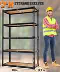 Beefy Heavy Duty Five Tier Metal Storage Shelving Unit for kitchen, garage, and laundry room with dimensions 73 x 35 x 16 inches.