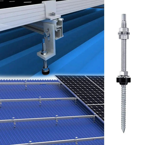 Close-up of Straight Up Heavy-Duty Stainless Steel Hanger Bolts M10x200 used for solar panel mounting on a roof.