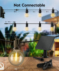Diagram of Solar Outdoor String Lights 38 Feet With 15 LED G40 Shatterproof Bulbs Waterproof With USB Type C Charging, cable ties included.