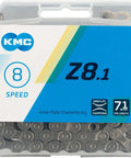 Z8.1 Chain For 6 7 8 Speed Bikes, Half Inch By Three Thirty Second Pitch, 116 Links, Grey Finish, Z Shaped Bridge And Chamfered Inner Plate For Smooth Shifting, IG 8 Speed Compatible, Made In Taiwan, Built To Last And Easy To Install. bike chain in case, 8-speed, grey steel