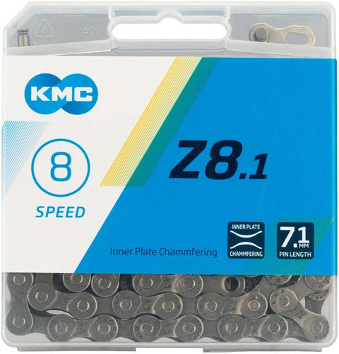 Z8.1 Chain For 6 7 8 Speed Bikes, Half Inch By Three Thirty Second Pitch, 116 Links, Grey Finish, Z Shaped Bridge And Chamfered Inner Plate For Smooth Shifting, IG 8 Speed Compatible, Made In Taiwan, Built To Last And Easy To Install. bike chain in case, 8-speed, grey steel