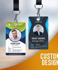 Front view of two custom-designed employee ID cards with photos and lanyards from the Single Side ID Card Printer Bundle.