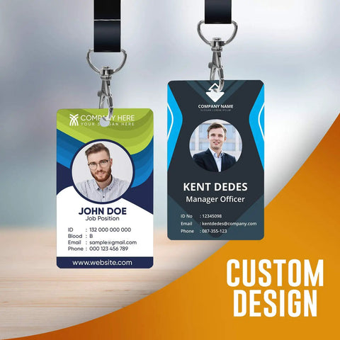Front view of two custom-designed employee ID cards with photos and lanyards from the Single Side ID Card Printer Bundle.