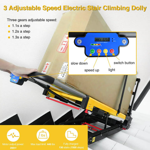 3 Adjustable Speed Electric Stair Climber Dolly showing control panel and box in use, designed for heavy loads and stair navigation.