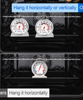 Comparison of two stainless steel oven thermometers with large dials for instant read temperature, one hung both ways, the other horizontally.
