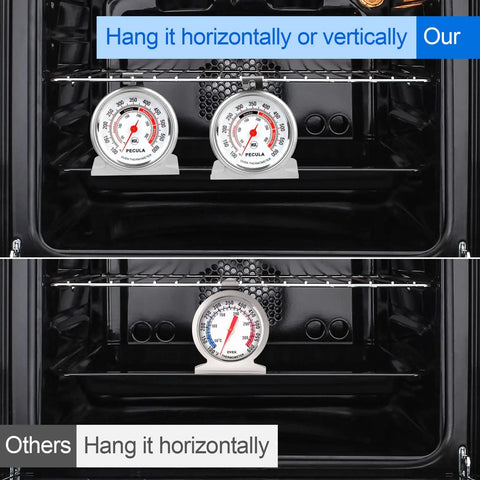Comparison of two stainless steel oven thermometers with large dials for instant read temperature, one hung both ways, the other horizontally.
