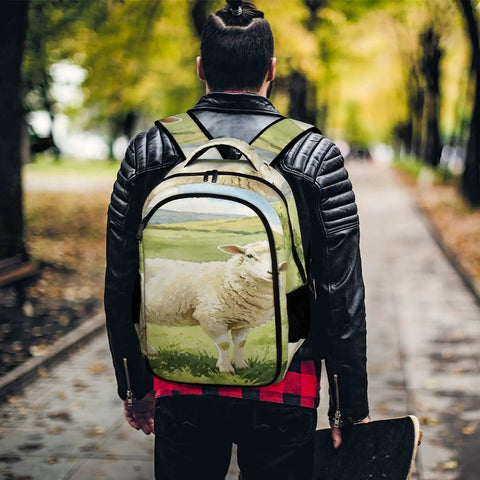 Man wearing Watercolor Meadow Sheep Printed Backpack For Everyday Use Unisex Large Capacity Daypack Durable Polyester