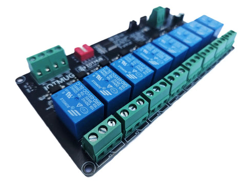 8 Channel I2C Relay Board With USB C Dual Power 3V3 And 5V SPDT 10A EMR DIN Rail Ready, showcasing blue and green connectors