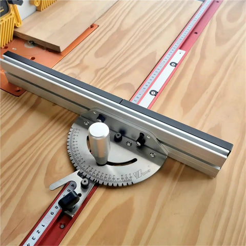 Dead On Precision Miter Gauge With Knockout Heavy Duty Aluminum Fence And Smooth Sliding Flip Stop For Table Saw And Router Assembly 450mm tenon fence on a wooden surface.