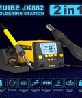 Muibe JK882 2 In 1 SMD Hot Air Rework And Soldering Station with 560W output, preset modes, digital display, and sleep mode.