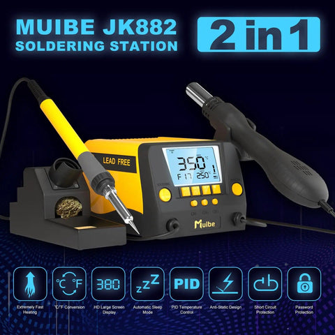 Muibe JK882 2 In 1 SMD Hot Air Rework And Soldering Station with 560W output, preset modes, digital display, and sleep mode.