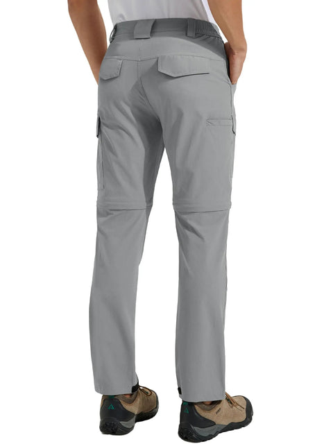 Back view of Men's Hiking Convertible Pants Zip Off for Outdoor Adventure Water Resistant Quick Dry Lightweight in Light Grey 38W X 34L