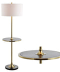 59 Inch Black And Brass Gold Floor Lamp With Integrated Wood Side Table, white linen shade, close-up of table