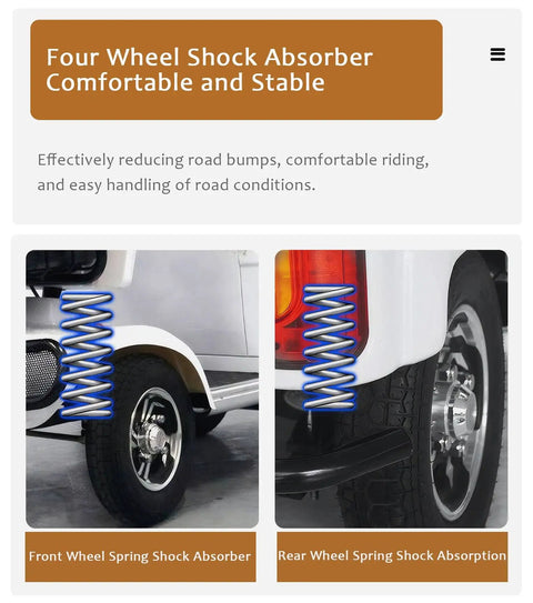 Badass Four Wheel Electric Mobility Scooter With Spacious Cargo Bin For Adults And Seniors showing front and rear spring shock absorbers.