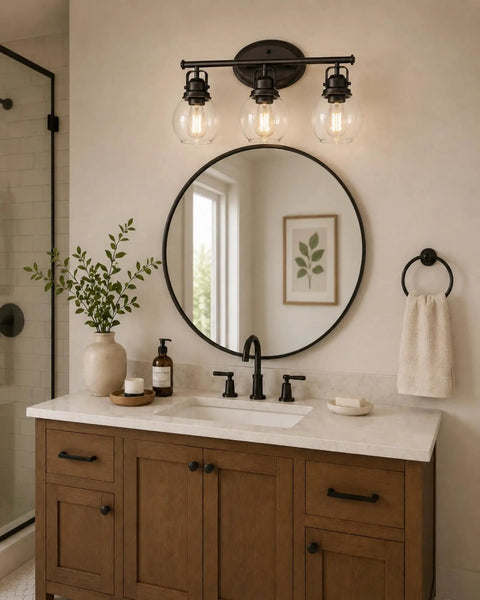 Awesome Farmhouse Vanity Light 3 Light Wall Sconce for Bathroom Mirror with Oil Rubbed Bronze Frame and Globe Clear Glass