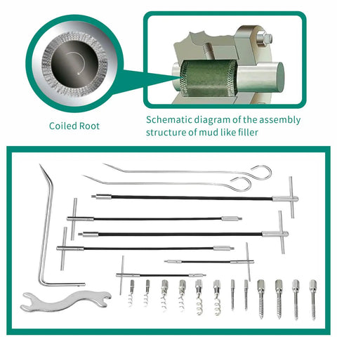 Gland Packing Removal Tool Kit With Flexible Shaft And Corkscrew Hooks, stainless steel extractor set for pumps and valves, components displayed.